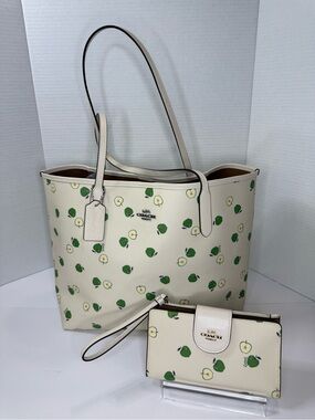 Coach Green Apple Print City Tote Bag & Matching Tech Wallet -Chalk